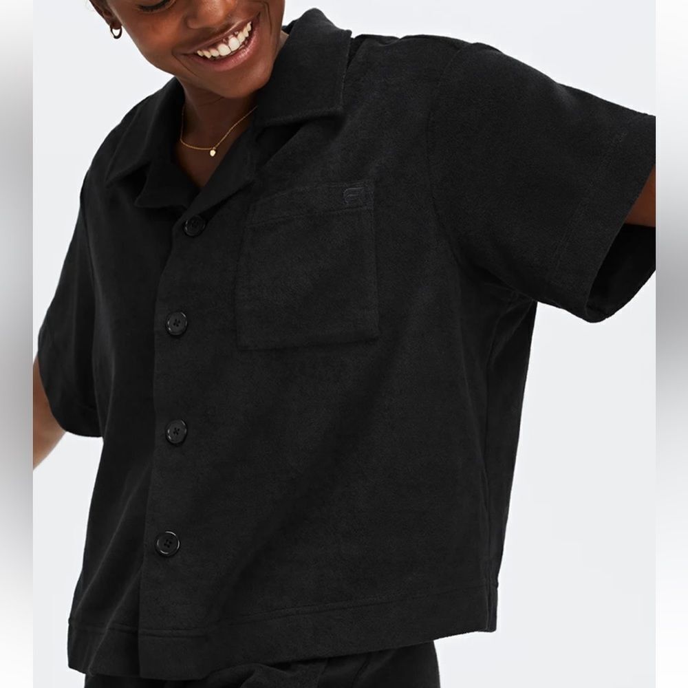 Fabletics Island Terry Boxy Button Up Deep Navy XL NWT in packaging‎
